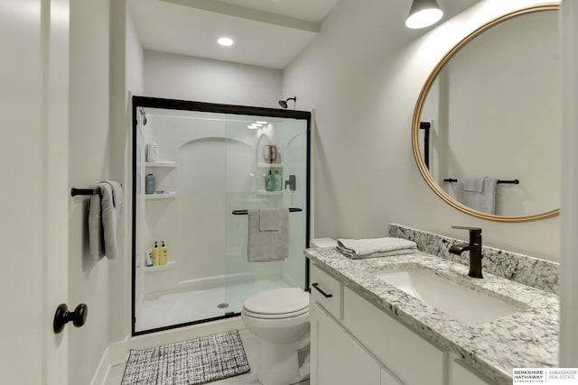18108 Locust St, Elkhorn, NE 68022 - full bathroom featuring a stall shower, toilet, vanity, tile patterned flooring, and recessed lighting