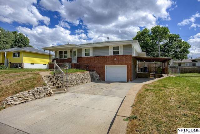 view of front of house featuring brick siding, driveway, a porch, stairs, and a garage