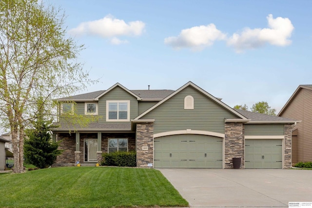 18652 Van Camp Dr, Omaha, NE 68130 - view of front of house featuring a garage, stone siding, driveway, a front lawn, and a shingled roof