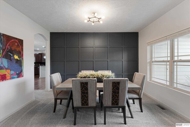 18652 Van Camp Dr, Omaha, NE 68130 - dining area with a decorative wall, arched walkways, a textured ceiling, carpet flooring, and baseboards