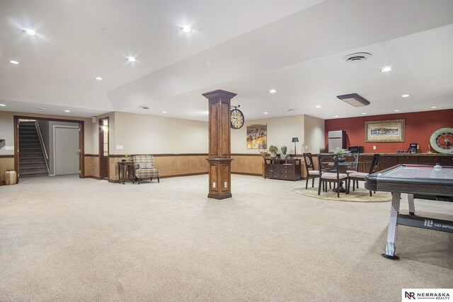 1125 Stone Creek Dr, Blair, NE 68008 - rec room featuring carpet flooring, ornate columns, recessed lighting, and a wainscoted wall