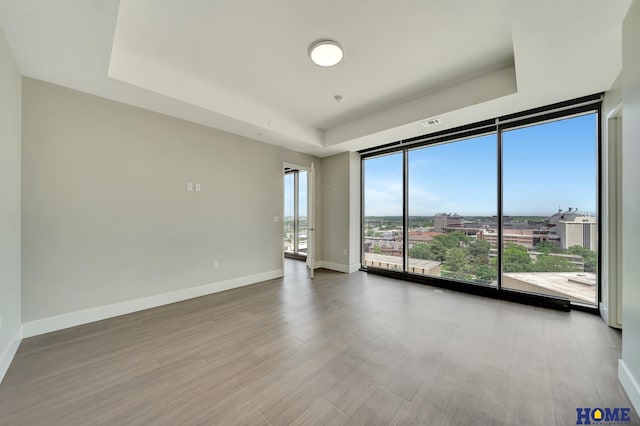 1125 Q St Unit 1401, Lincoln, NE 68508 - unfurnished room with a tray ceiling, expansive windows, wood finished floors, and baseboards