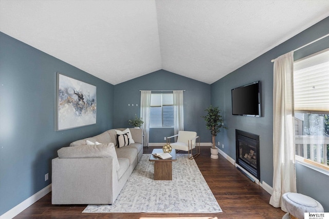 3909 N 147th St, Omaha, NE 68116 - living room with dark wood-style floors, vaulted ceiling, a glass covered fireplace, baseboards, and a textured ceiling