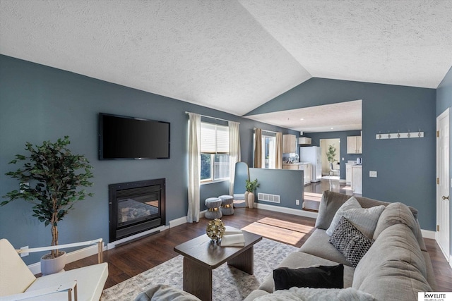 3909 N 147th St, Omaha, NE 68116 - living room with wood finished floors, a textured ceiling, lofted ceiling, a glass covered fireplace, and baseboards