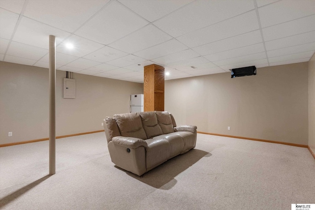 3909 N 147th St, Omaha, NE 68116 - living area featuring carpet, baseboards, a paneled ceiling, and electric panel