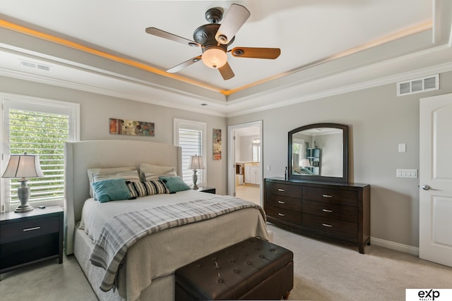 1411 S 195th St, Omaha, NE 68130 - bedroom with a tray ceiling, light carpet, multiple windows, crown molding, and a ceiling fan