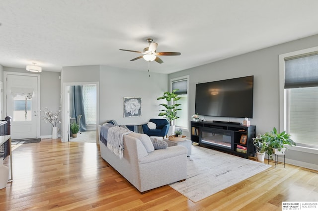 2614 N 191st Ave, Omaha, NE 68022 - living area with light wood-style flooring, a ceiling fan, and baseboards