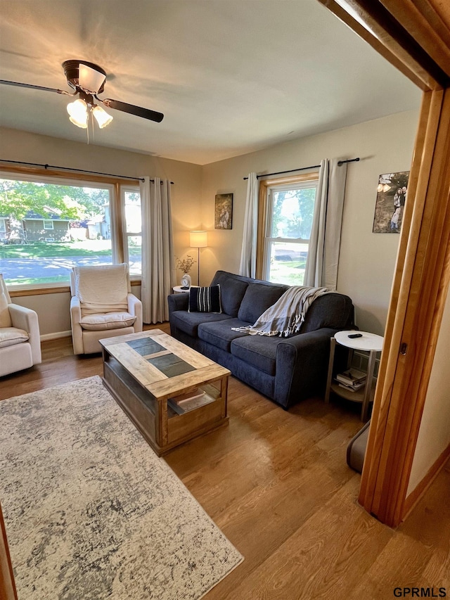 living room with wood finished floors, a ceiling fan, and baseboards
