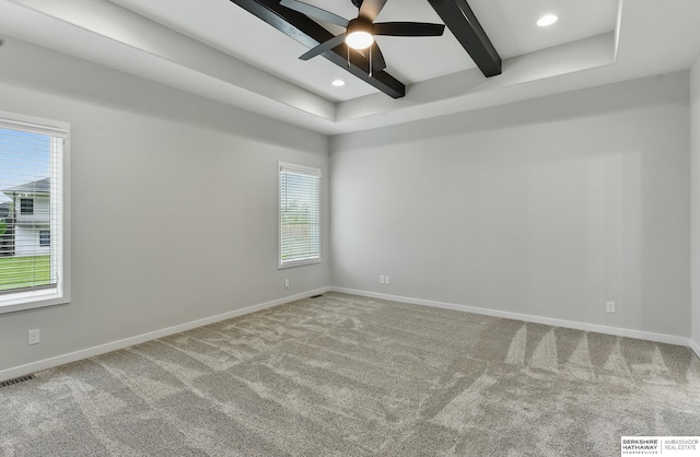 5413 N 212th St, Omaha, NE 68022 - carpeted empty room with ceiling fan, beamed ceiling, baseboards, and recessed lighting
