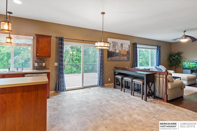 kitchen with a sink, brown cabinetry, open floor plan, a ceiling fan, and light countertops