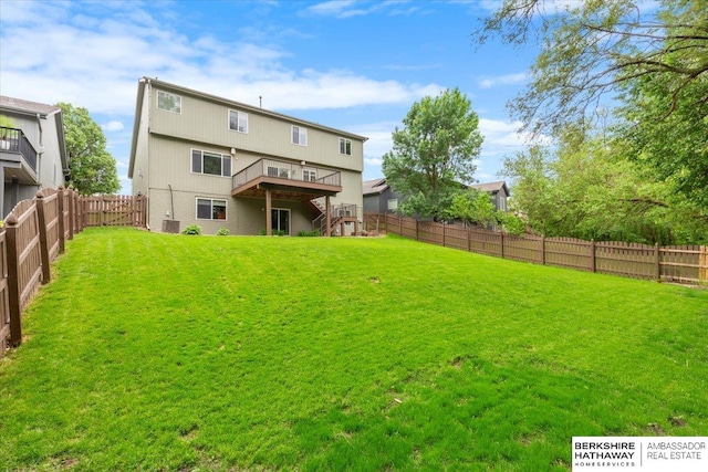 back of property with a wooden deck, stairway, and central air condition unit