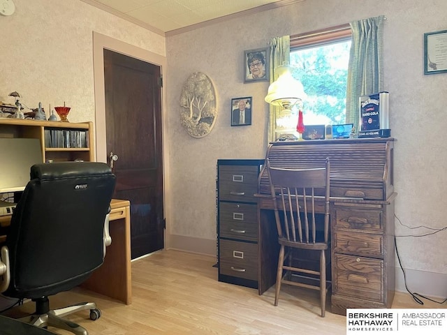 1200 H St, Pawnee City, NE 68420 - home office with a textured wall, wood finished floors, and crown molding