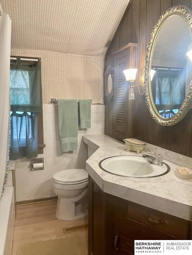 1200 H St, Pawnee City, NE 68420 - bathroom with toilet, wood finished floors, vanity, lofted ceiling, and a bathtub