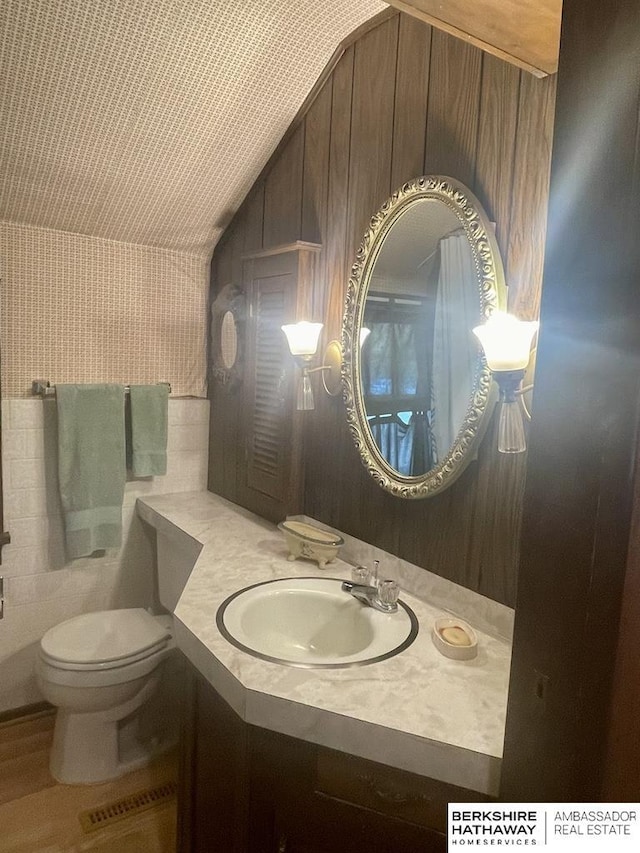 1200 H St, Pawnee City, NE 68420 - half bathroom featuring toilet, vanity, and vaulted ceiling