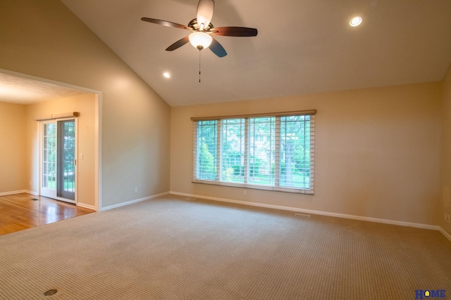 9160 Pioneer Ct, Lincoln, NE 68520 - empty room featuring baseboards, lofted ceiling, a ceiling fan, light carpet, and recessed lighting