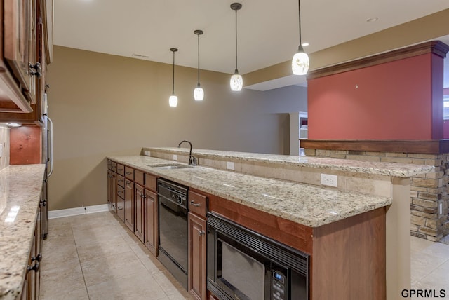 6732 S 169th Ave, Omaha, NE 68135 - kitchen featuring black appliances, a sink, hanging light fixtures, light stone countertops, and a peninsula