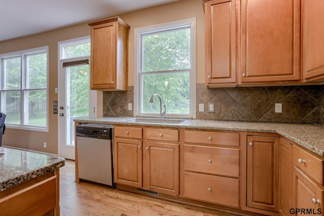 6732 S 169th Ave, Omaha, NE 68135 - kitchen featuring dishwasher, a sink, light wood-style floors, and backsplash
