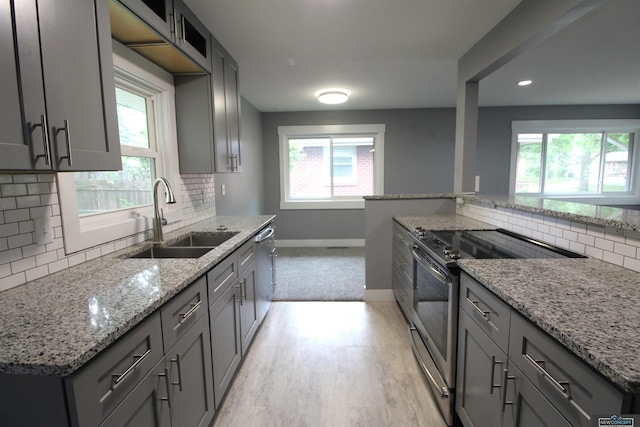 1425 Meadow Dale Dr, Lincoln, NE 68505 - kitchen with a sink, appliances with stainless steel finishes, baseboards, gray cabinetry, and recessed lighting