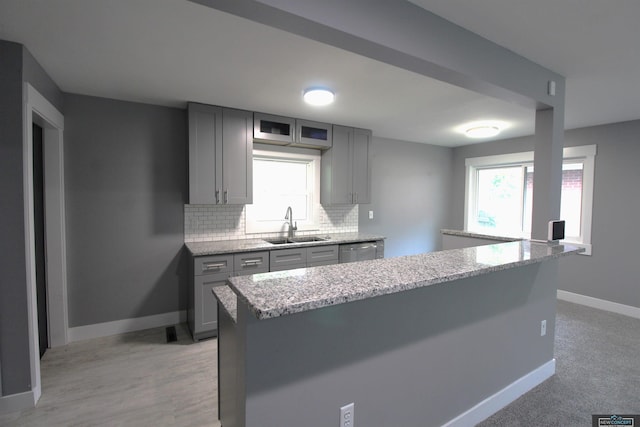 1425 Meadow Dale Dr, Lincoln, NE 68505 - kitchen featuring gray cabinets, a sink, stainless steel dishwasher, and backsplash