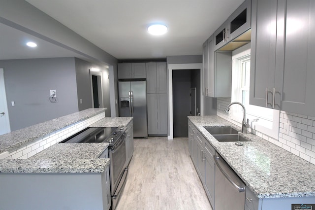 1425 Meadow Dale Dr, Lincoln, NE 68505 - kitchen with stainless steel appliances, a sink, gray cabinets, and decorative backsplash