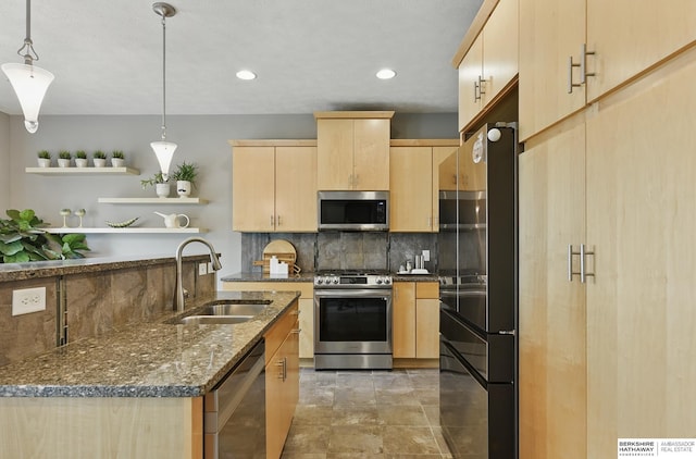 7211 S 174th St, Omaha, NE 68136 - kitchen with stainless steel appliances, light brown cabinetry, a sink, backsplash, and open shelves