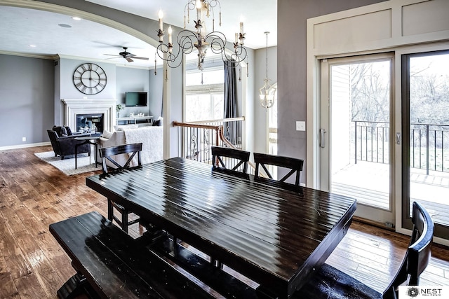 3400 Firethorn Ter, Lincoln, NE 68520 - dining room with ceiling fan, wood finished floors, ornamental molding, a glass covered fireplace, and a chandelier