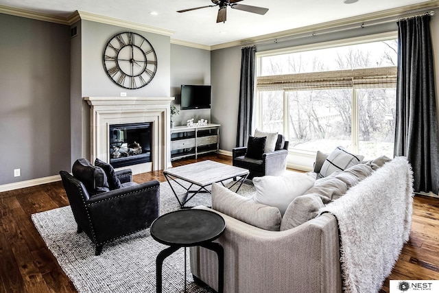 3400 Firethorn Ter, Lincoln, NE 68520 - living room featuring ceiling fan, baseboards, wood finished floors, ornamental molding, and a glass covered fireplace