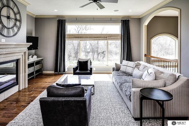 3400 Firethorn Ter, Lincoln, NE 68520 - living room with a ceiling fan, dark wood-style floors, crown molding, a glass covered fireplace, and recessed lighting