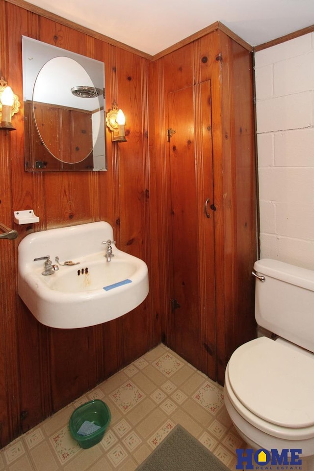 2727 S 19th St, Lincoln, NE 68502 - half bathroom with tile patterned floors, wood walls, and toilet