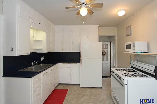 2727 S 19th St, Lincoln, NE 68502 - kitchen with white appliances, a sink, ornamental molding, white cabinetry, and a ceiling fan