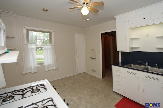 2727 S 19th St, Lincoln, NE 68502 - kitchen with open shelves, a sink, ornamental molding, a ceiling fan, and white cabinets