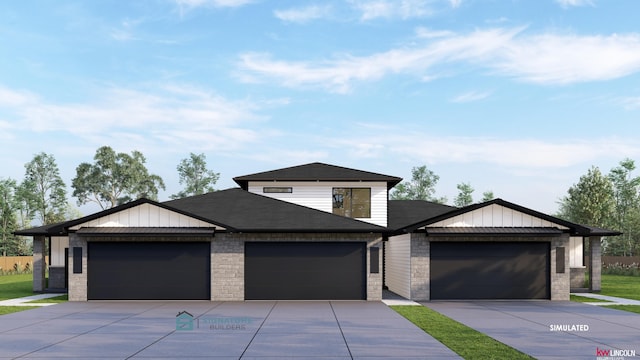 view of front of property with board and batten siding, a garage, concrete driveway, and a shingled roof