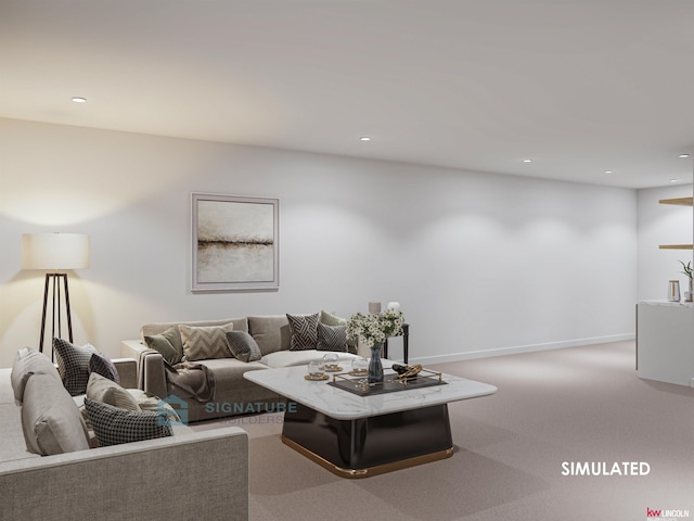living area featuring carpet flooring and recessed lighting