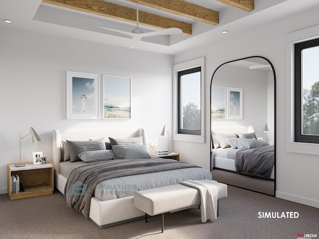 bedroom with carpet floors, multiple windows, recessed lighting, baseboards, and beam ceiling