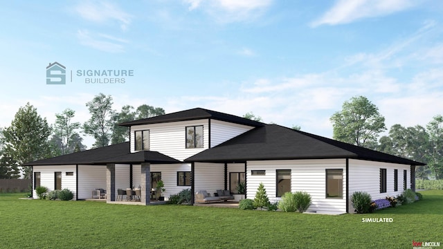 rear view of house with a patio, a lawn, and outdoor lounge area