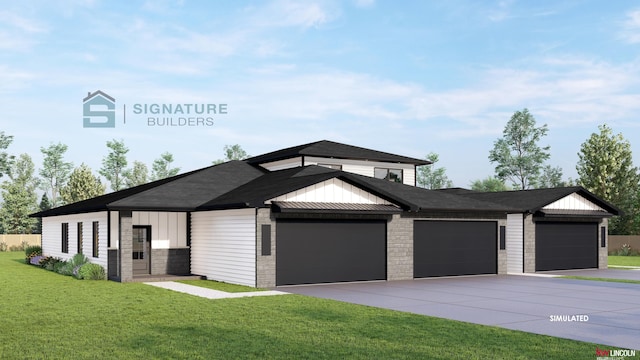 view of front of house featuring a garage, board and batten siding, driveway, and a front yard