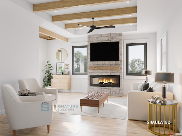 living area with a fireplace, recessed lighting, light wood finished floors, beam ceiling, and ceiling fan