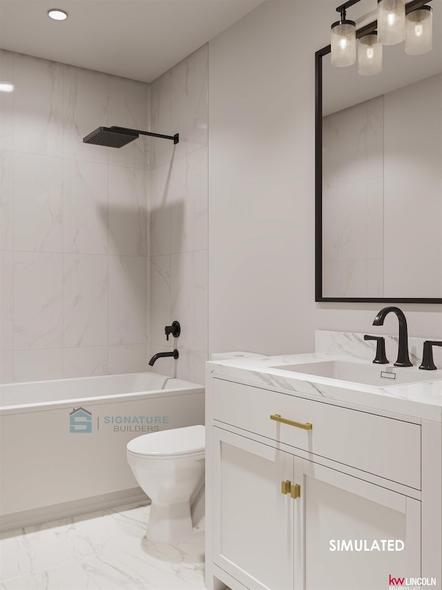 bathroom with marble look tiles, toilet, shower / bathtub combination, vanity, and recessed lighting