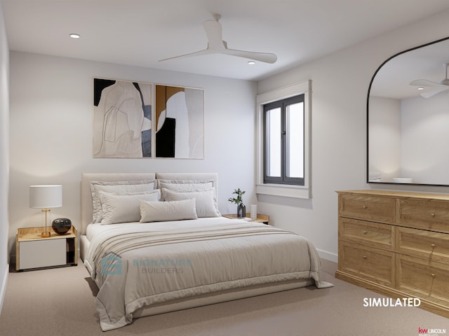 carpeted bedroom featuring recessed lighting, baseboards, and a ceiling fan