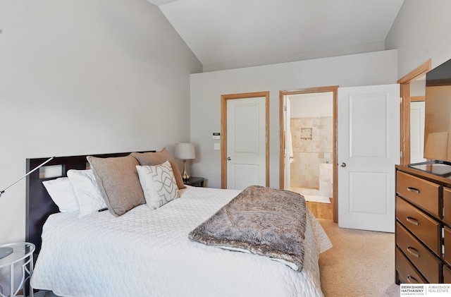 6031 N 167th Ct, Omaha, NE 68116 - bedroom featuring vaulted ceiling, light carpet, and connected bathroom
