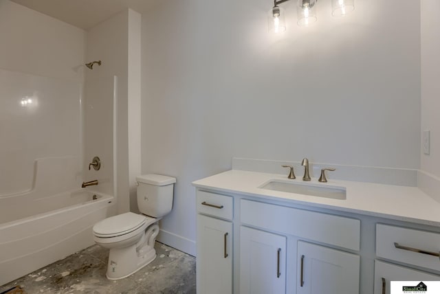 bathroom featuring toilet, vanity, shower / tub combination, and baseboards