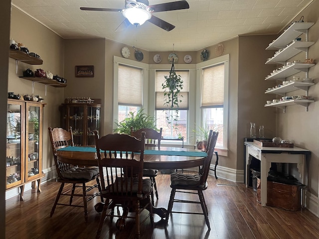 803 6th St, Fairbury, NE 68352 - dining area with a ceiling fan, dark wood-type flooring, and baseboards