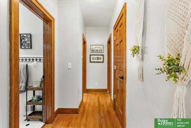 4188 Chicago St, Omaha, NE 68131 - hallway featuring light wood-style floors, tile walls, and baseboards