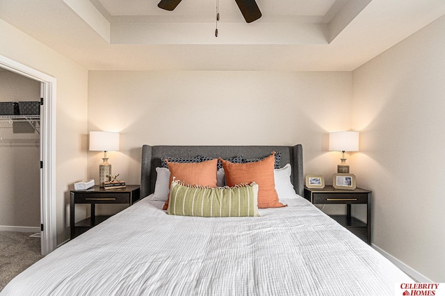 bedroom with a tray ceiling, a walk in closet, carpet floors, and a closet