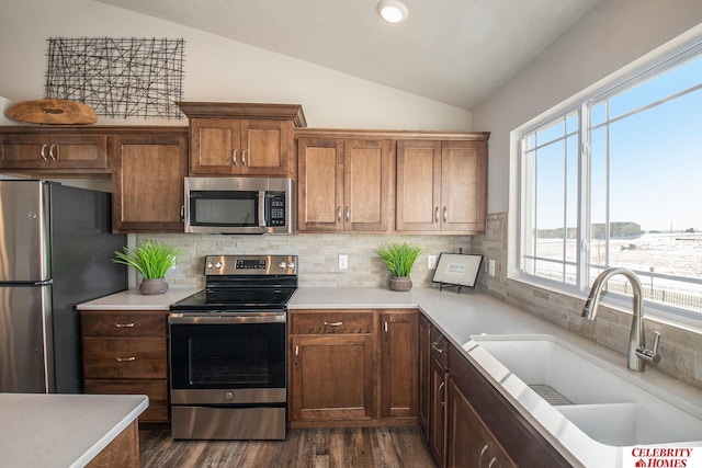 kitchen with appliances with stainless steel finishes, a sink, lofted ceiling, dark wood finished floors, and decorative backsplash