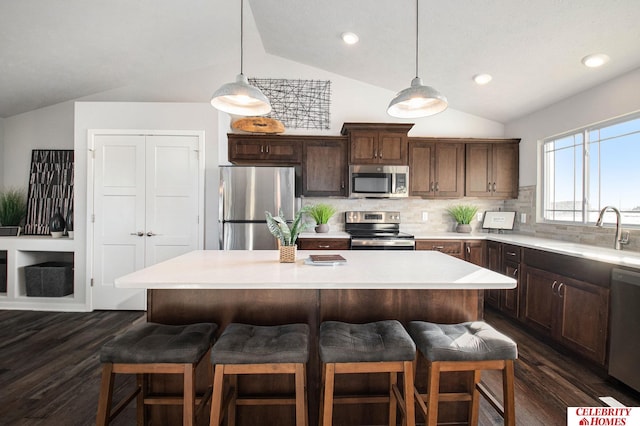 kitchen featuring appliances with stainless steel finishes, a sink, lofted ceiling, a kitchen breakfast bar, and dark wood-style floors