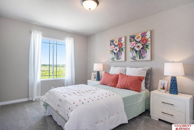 bedroom featuring dark carpet and baseboards
