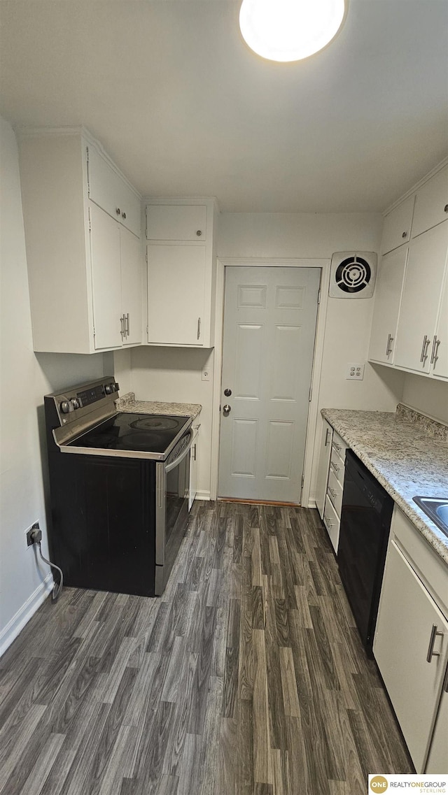 kitchen featuring stainless steel electric range oven, black dishwasher, dark wood-style floors, and white cabinetry