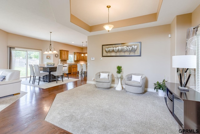 7320 S 169th St, Omaha, NE 68136 - living area featuring baseboards, a chandelier, wood finished floors, and a raised ceiling