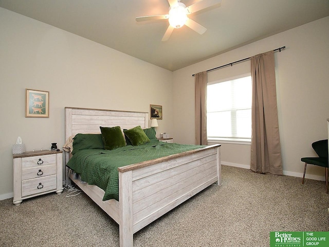 bedroom featuring carpet floors, baseboards, and ceiling fan